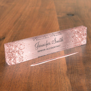 Girly Glittery Rose Gold Faux Foil Desk Name Plate