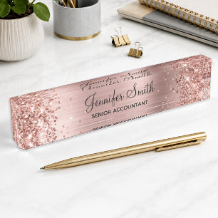 Girly Glittery Rose Gold Faux Foil Desk Name Plate