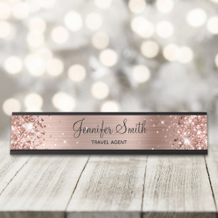 Girly Glittery Rose Gold Foil Desk Name Plate