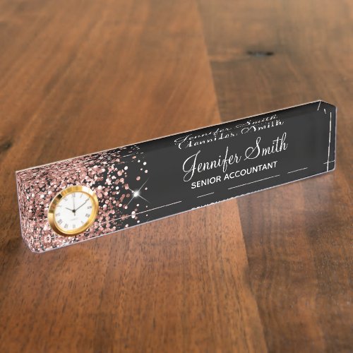 Girly Glittery Rose Gold Glam Black Desk Name Plate