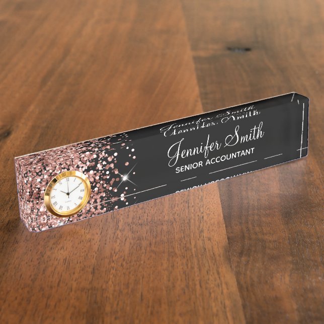 Girly Glittery Rose Gold Glam Black Desk Name Plate (Side)