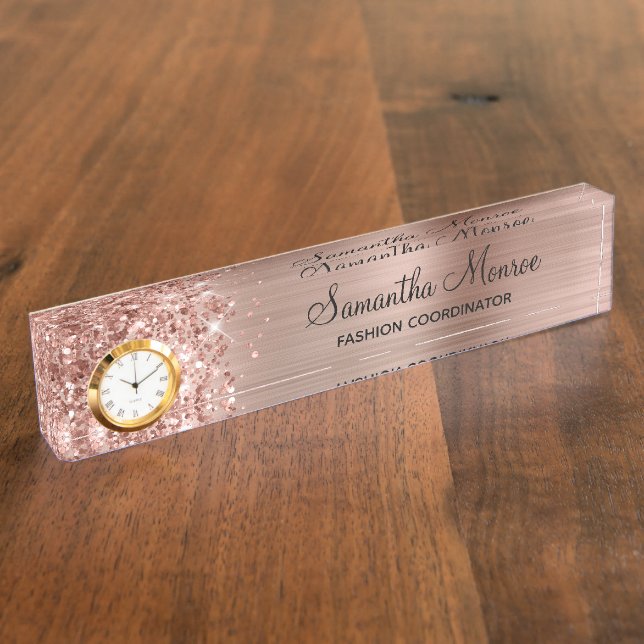 Girly Glittery Rose Gold Glam Desk Name Plate (Side)