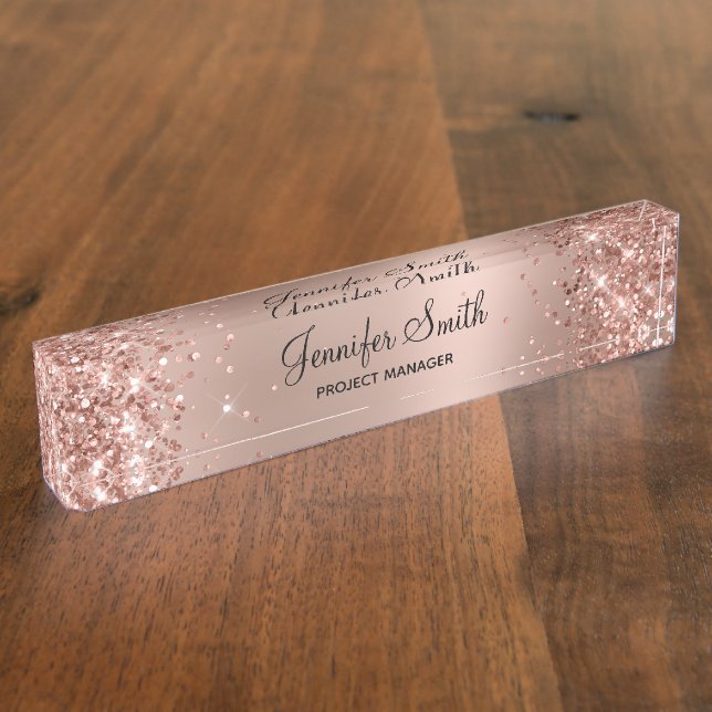 Girly Glittery Rose Gold Glam Gradient Desk Name Plate (Side)