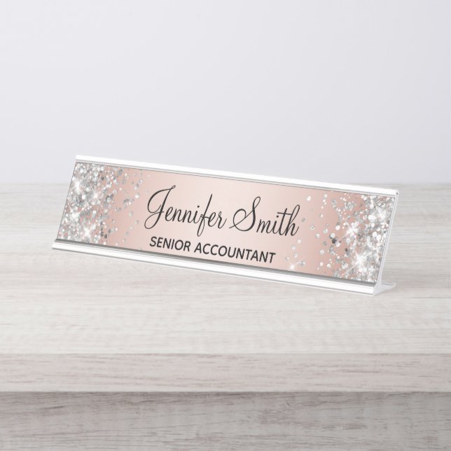 Girly Glittery Silver and Rose Gold Gradient Desk Name Plate (Front)