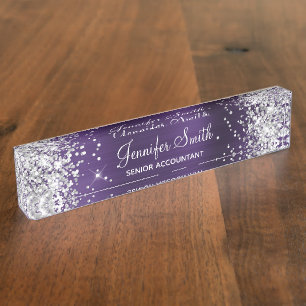 Girly Glittery Silver Dark Violet Foil Desk Name Plate