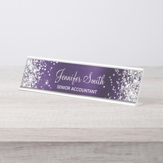 Girly Glittery Silver Faux Dark Violet Foil Desk Name Plate (Front)