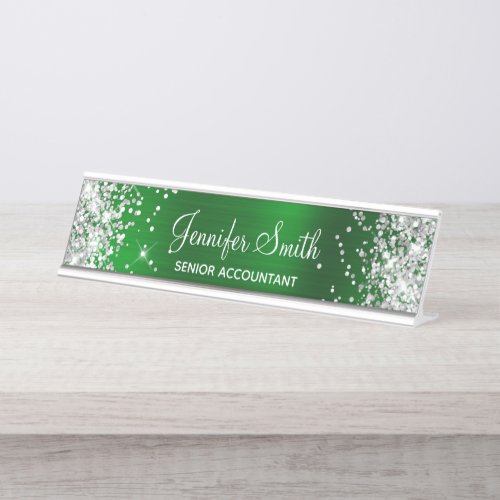 Girly Glittery Silver Faux Emerald Green Foil Desk Name Plate