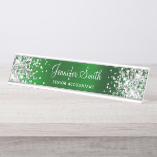 Girly Glittery Silver Faux Emerald Green Foil Desk Name Plate