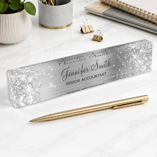 Girly Glittery Silver Faux Foil Desk Name Plate