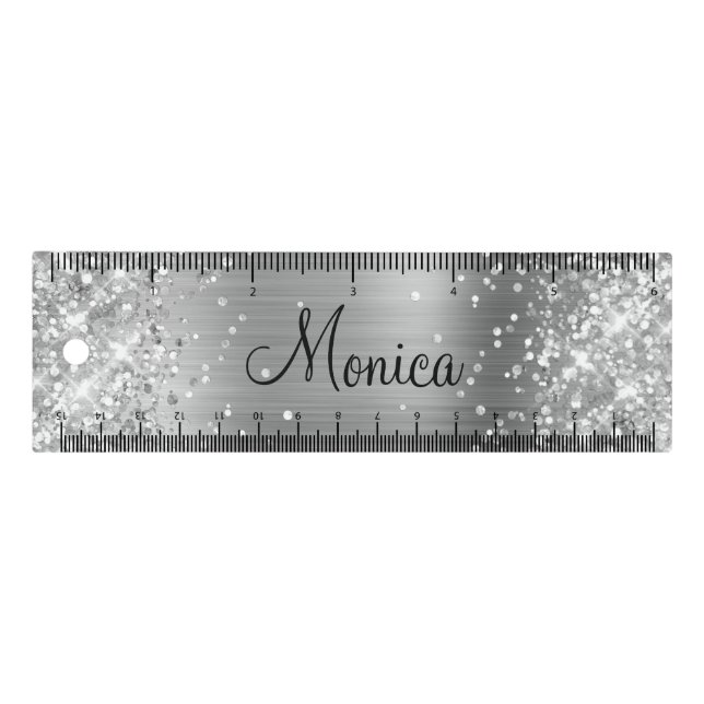 Girly Glittery Silver Faux Foil Ruler (Front)