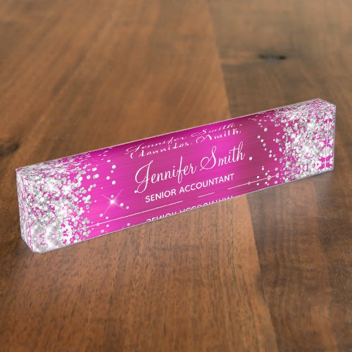 Girly Glittery Silver Faux Hot Pink Foil Desk Name Plate