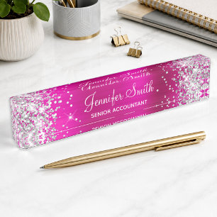 Girly Glittery Silver Faux Hot Pink Foil Desk Name Plate