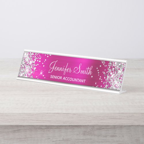 Girly Glittery Silver Faux Hot Pink Foil Desk Name Plate