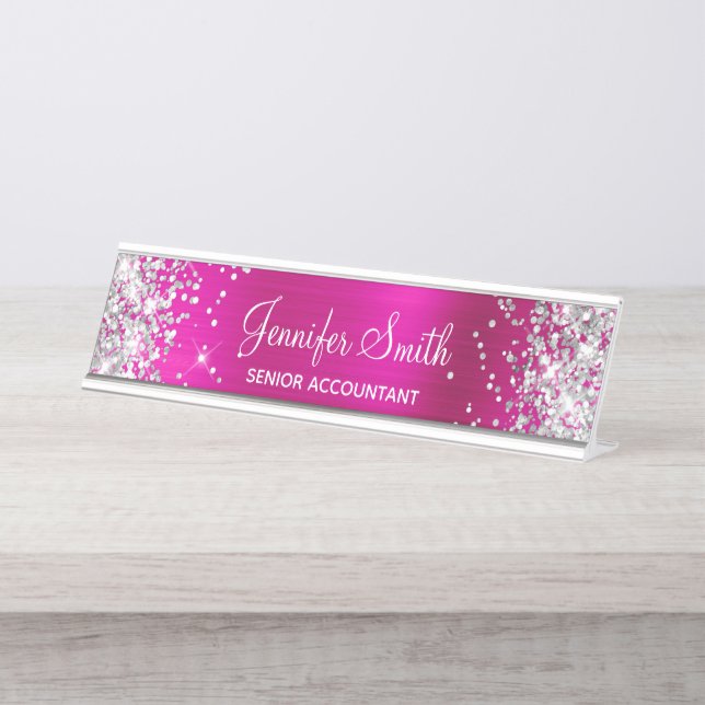Girly Glittery Silver Faux Hot Pink Foil Desk Name Plate (Front)