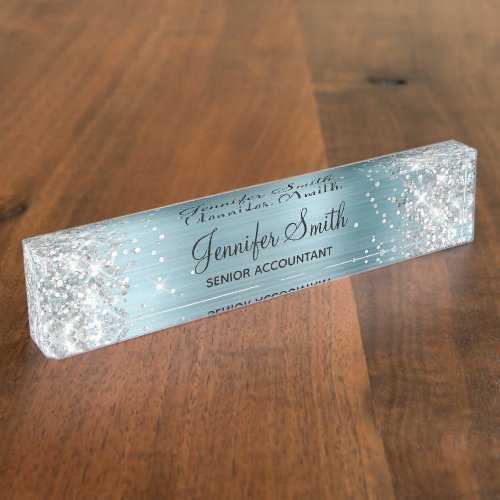 Girly Glittery Silver Faux Light Blue Foil Desk Name Plate