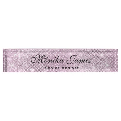 Girly Glittery Silver Faux Light Pink  Desk Name Plate