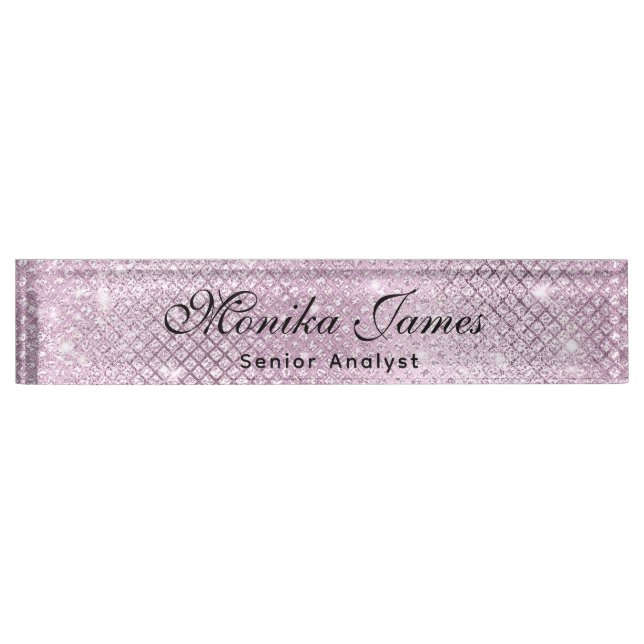 Girly Glittery Silver Faux Light Pink  Desk Name Plate (Front)