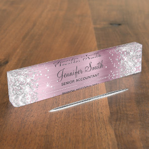 Girly Glittery Silver Faux Light Pink Foil Desk Name Plate