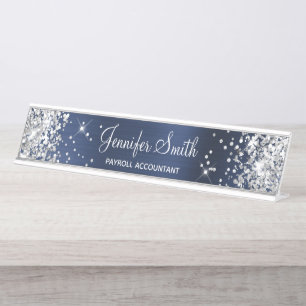 Girly Glittery Silver Faux Navy Blue Foil Desk Name Plate