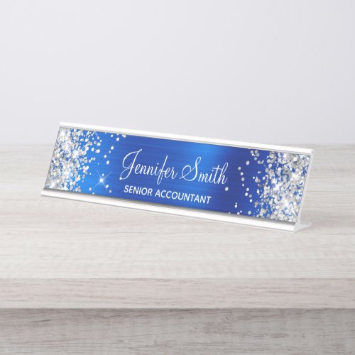 Girly Glittery Silver Faux Royal Blue Foil Desk Name Plate