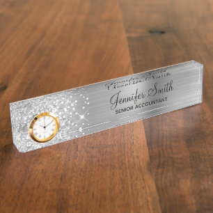 Girly Glittery Silver Glam Desk Name Plate