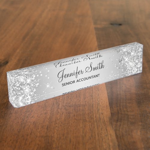 Girly Glittery Silver Gradient Desk Name Plate