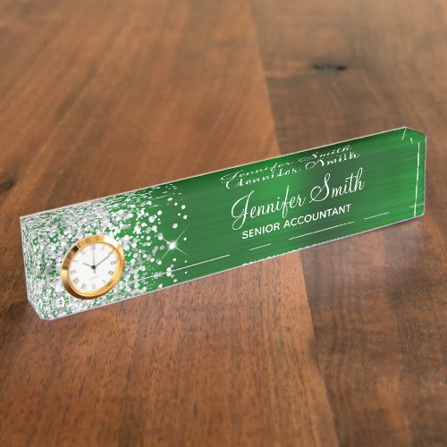 Girly Glittery Silver Green Glam Desk Name Plate