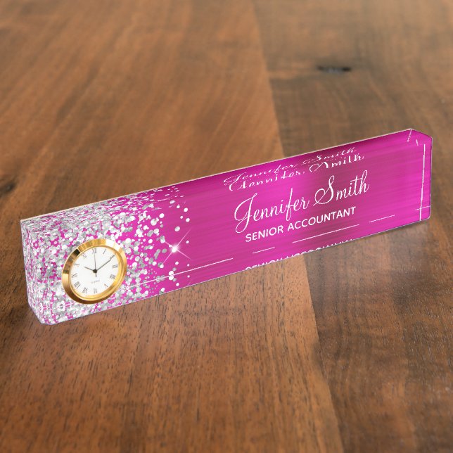 Girly Glittery Silver Hot Pink Glam Desk Name Plate (Side)