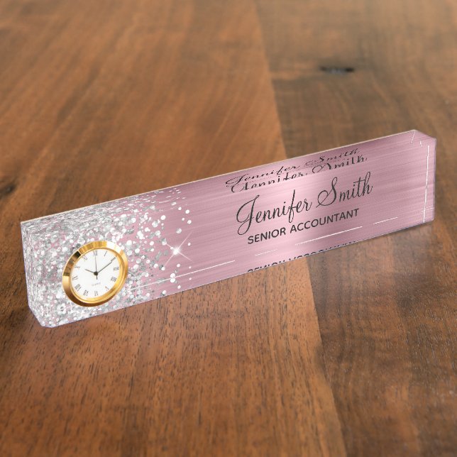 Girly Glittery Silver Pink Glam Desk Name Plate (Side)