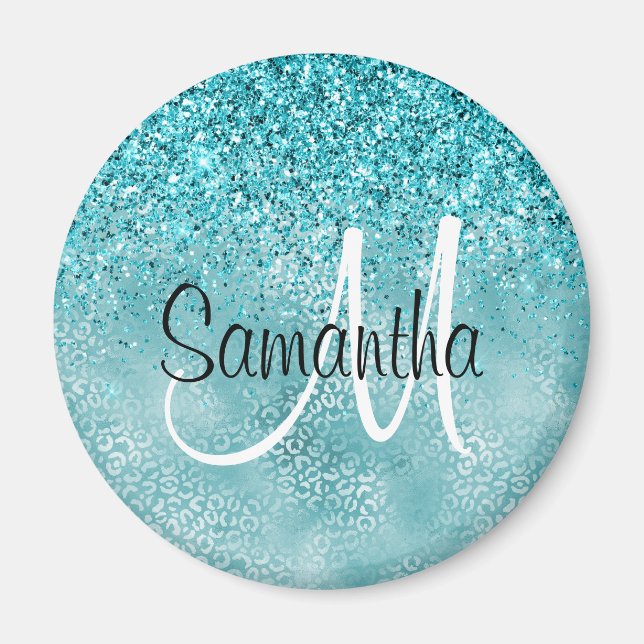 Girly Glitz Aqua Turquoise Glitter Leopard Print Magnet (Front)