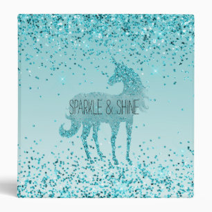 Girly Glitz Aqua Turquoise Glitter Unicorn 3 Ring Binder