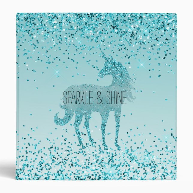 Girly Glitz Aqua Turquoise Glitter Unicorn 3 Ring Binder (Front)