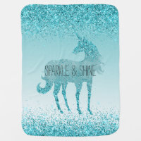 Girly Glitz Aqua Turquoise Glitter Unicorn Baby Blanket