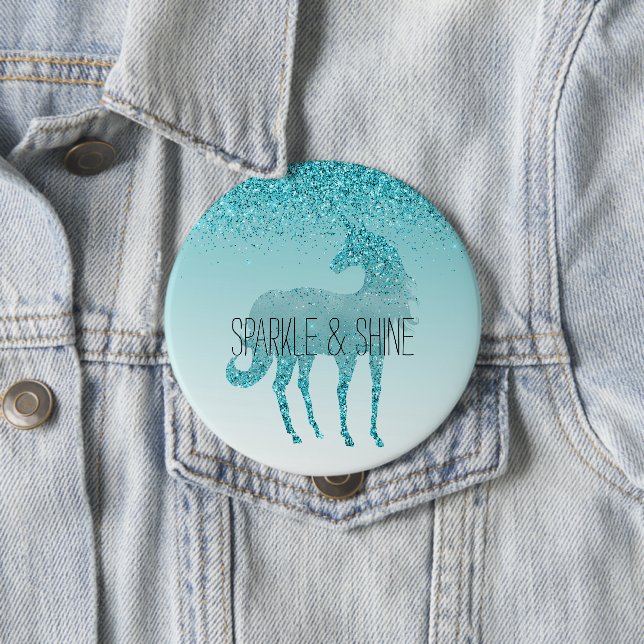 Girly Glitz Aqua Turquoise Glitter Unicorn Button (In Situ)