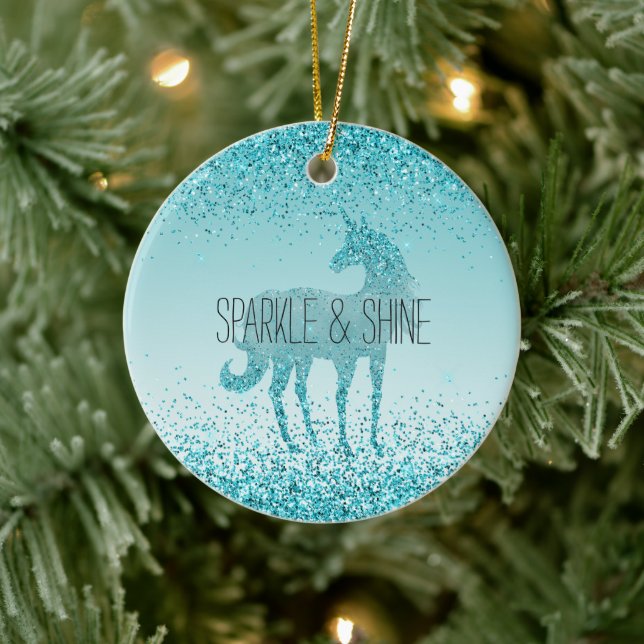 Girly Glitz Aqua Turquoise Glitter Unicorn Ceramic Ornament (Tree)