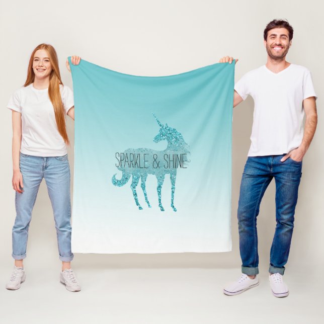Girly Glitz Aqua Turquoise Glitter Unicorn Fleece Blanket (In Situ)