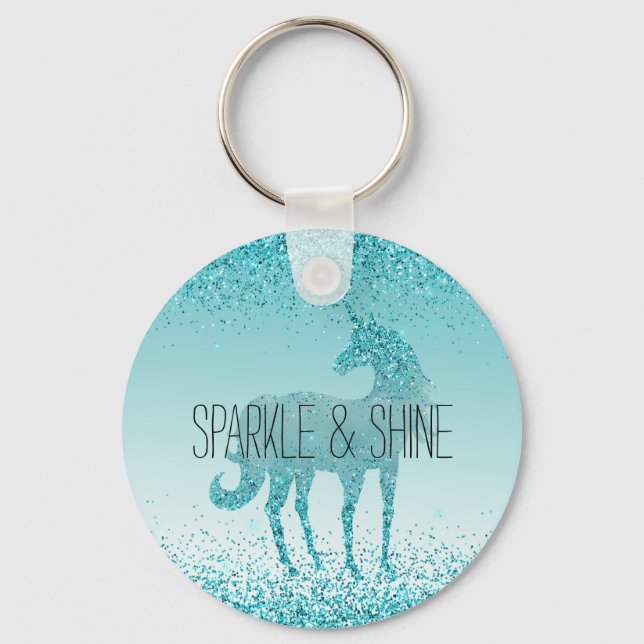 Girly Glitz Aqua Turquoise Glitter Unicorn Keychain (Front)
