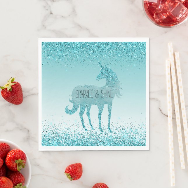 Girly Glitz Aqua Turquoise Glitter Unicorn Napkins (Insitu)