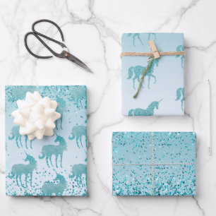 Girly Glitz Aqua Turquoise Glitter Unicorn Ombre Wrapping Paper Sheets