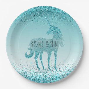 Girly Glitz Aqua Turquoise Glitter Unicorn Paper Plates