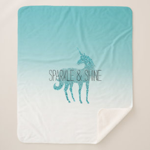 Girly Glitz Aqua Turquoise Glitter Unicorn Sherpa Blanket