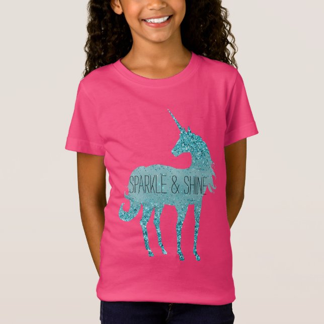 Girly Glitz Aqua Turquoise Glitter Unicorn T-Shirt (Front)