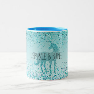 Girly Glitz Aqua Turquoise Glitter Unicorn Two-Tone Coffee Mug