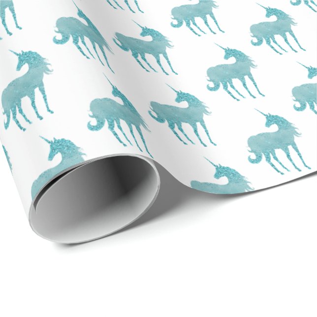 Girly Glitz Aqua Turquoise Glitter Unicorn Wrapping Paper (Roll Corner)