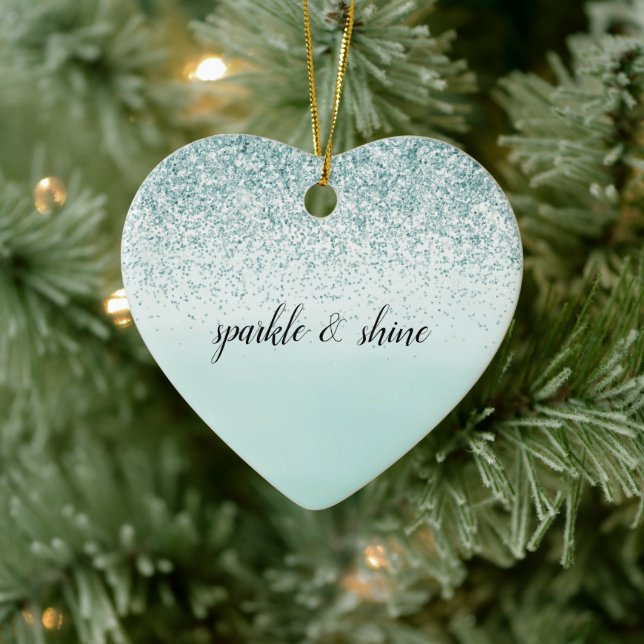 Girly Glitz Mint Ombre Glitter Gold Heart Ceramic Ornament (Tree)