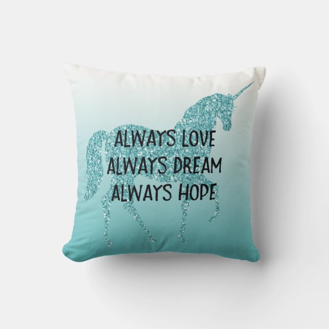 Girly Glitzy Glitter Aqua Unicorn Throw Pillow (Front)