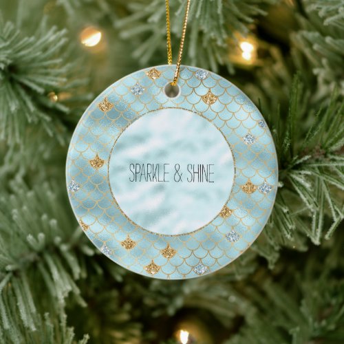 Girly Gold Aqua Blue Glitter Mermaid Quote Ceramic Ornament