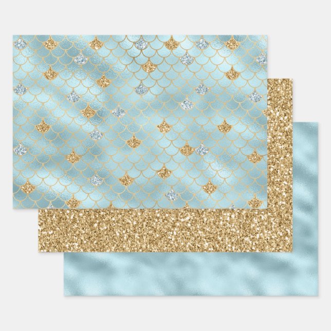Girly Gold Aqua Blue Glitter Mermaid Quote Wrapping Paper Sheets (Set)