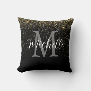 Girly Gold Black Glitter Monogram and Name   Throw Pillow