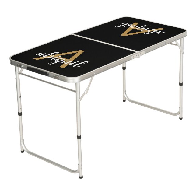 Girly Gold Black Stylish Modern Monogram Name Beer Pong Table (Angled)